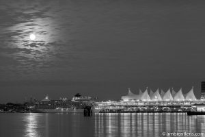 Moon and Downtown Vancouver 1 (BW)